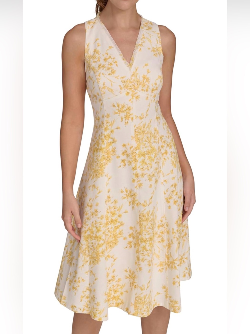 NWT Tommy Hilfiger White & Yellow Floral V‑Neck Flare Sleeveless Midi Dress, 10